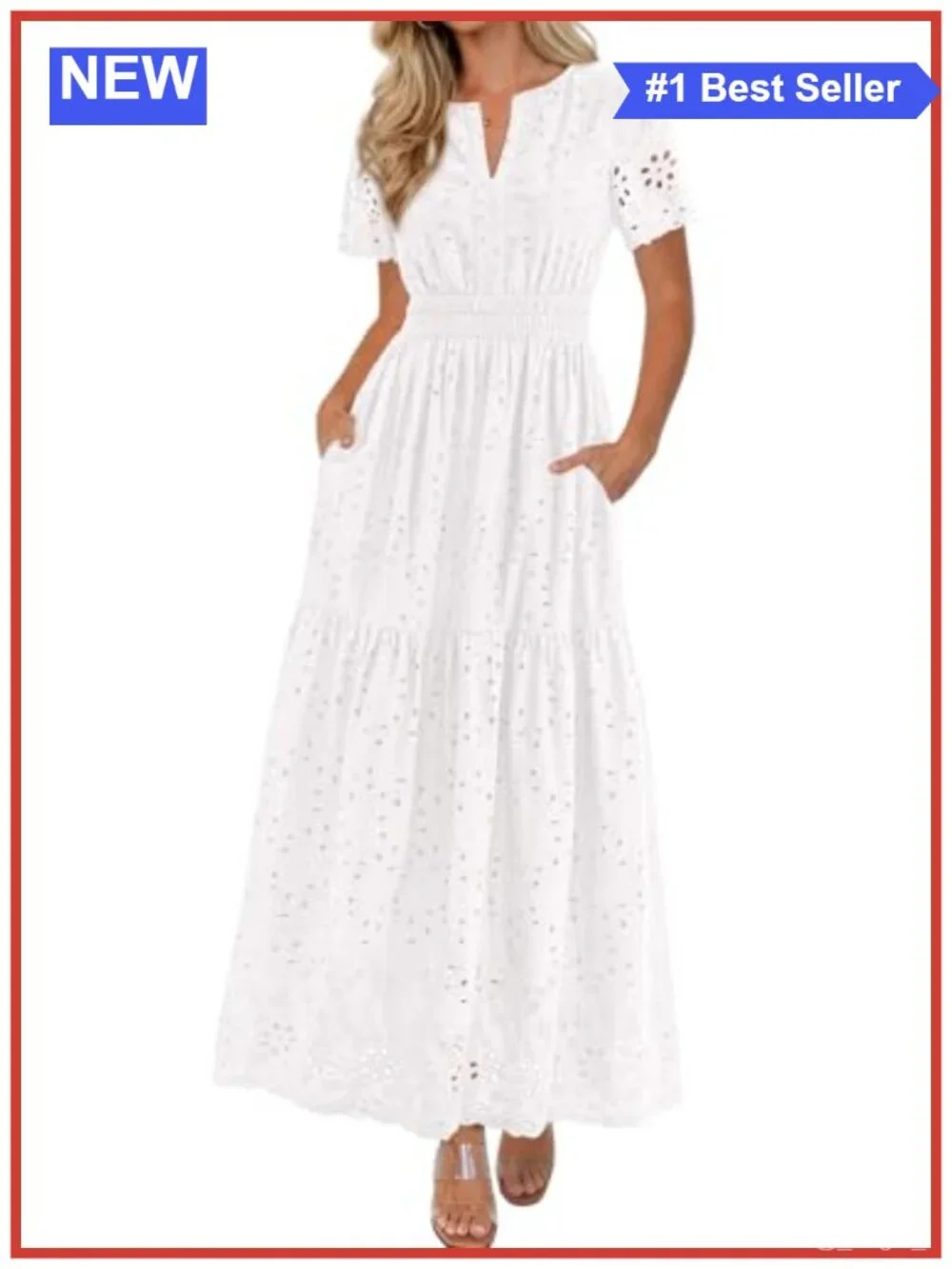 Cotton Maxi Dress V-Neck Short Sleeve Hollow Out A-Line with Pockets